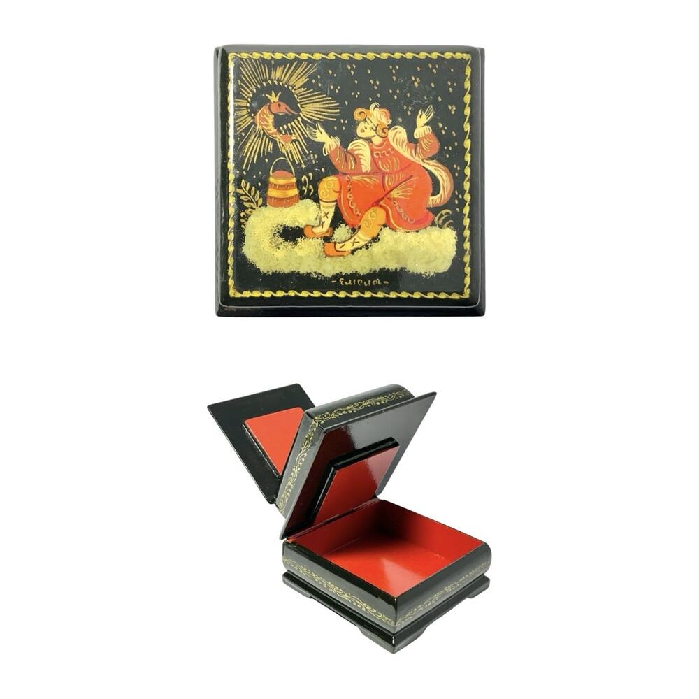 Russian Handpainted Wooden Lacquer 2-Tier Double Palekh Trinket Box, Firebird